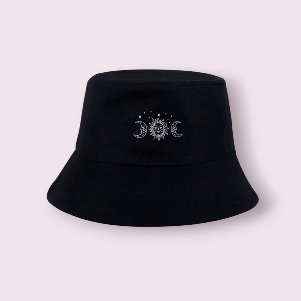 SHEIN Black Bucket Hat with Moon and Sun Design